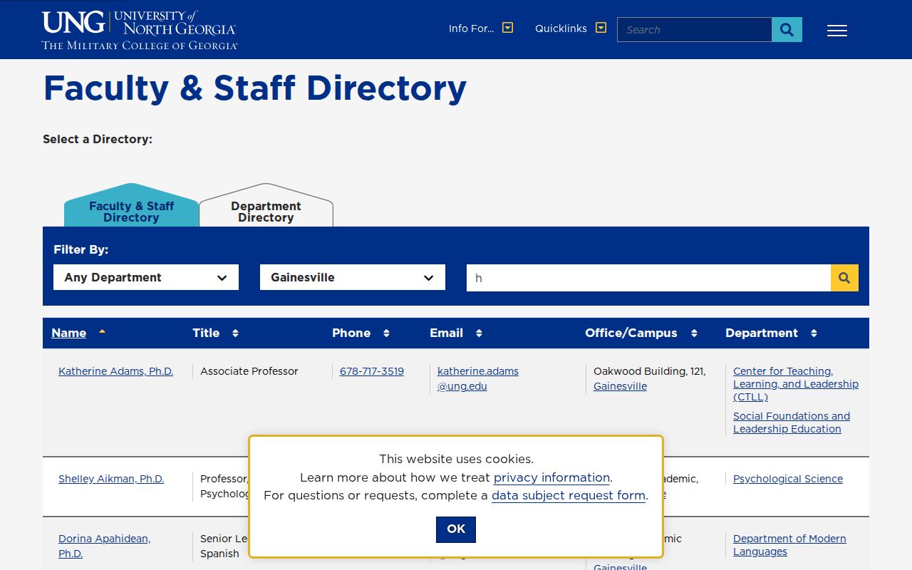 Gainesville people directories UNG campus faculty search
